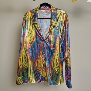 Mens 70s Multi-Colored Long Sleeve Silk Costume Shirt - Size L